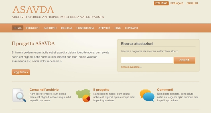 Applicazione e sito web per la gestione dell'Archivio Storico Antroponimico della Valle d'Aosta.